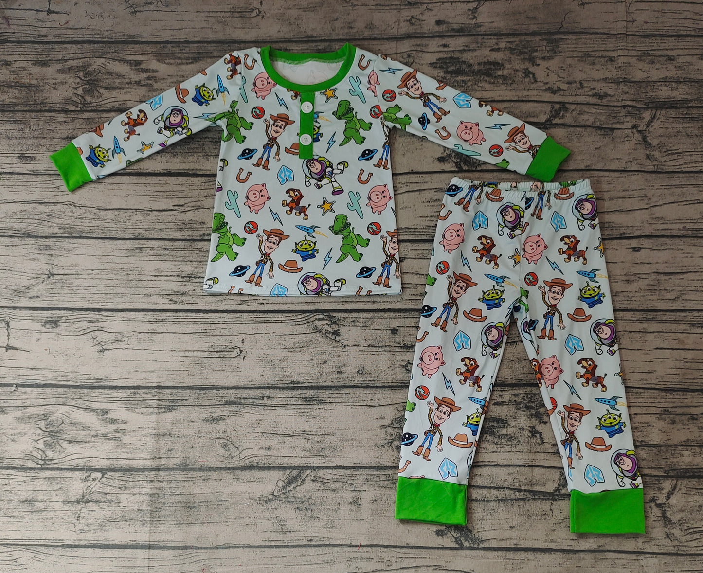 Baby Kids Green Toy Top Pants Pajamas Clothes Sets