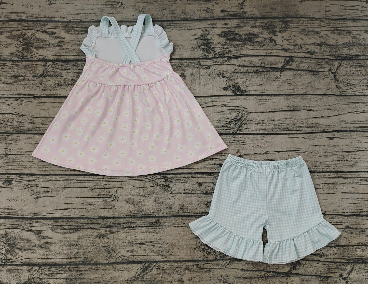 Baby Girls Pink Daisy Straps Tunic Top Ruffle Shorts Clothes Sets