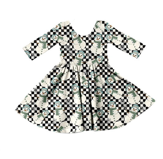 Baby Girls Christmas Snowman Checkered Long Sleeve Twirl Dresses preorder(moq 5)