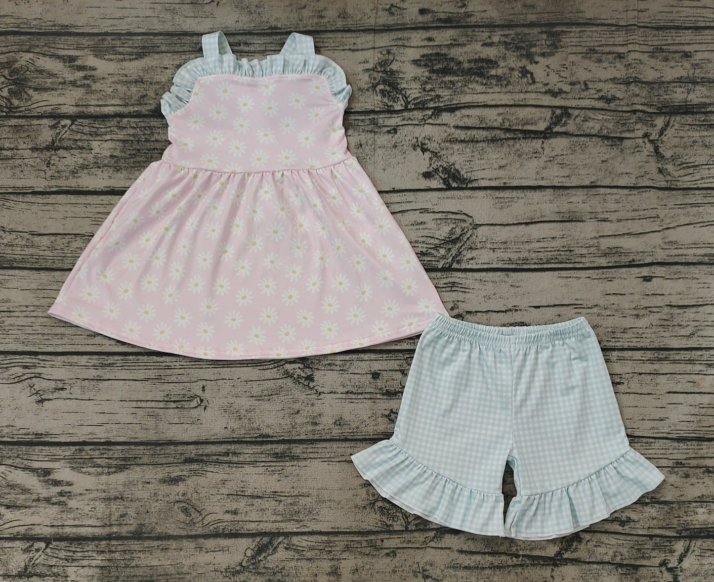 Baby Girls Pink Daisy Straps Tunic Top Ruffle Shorts Clothes Sets