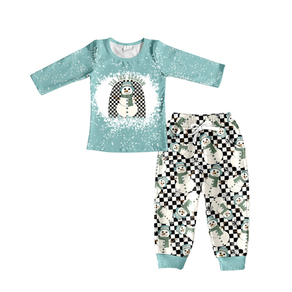 Baby Boys Blue Checker Snowman Long Sleeve Pants Pajamas Clothes Sets preorder(moq 5)