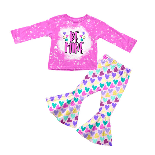 Baby Girls Long Sleeve Be Mine Valentines Tee Hearts Bell Pants Clothing Sets Preorder(moq 5)