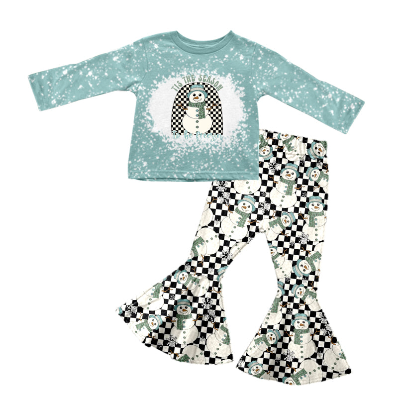 Baby Girls Blue Checker Snowman Long Sleeve Shirt Pants Clothes Sets preorder(moq 5)