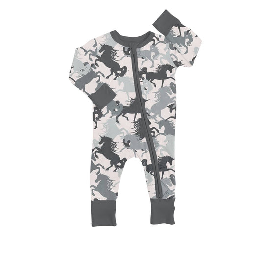 Baby Kids Grey Horse Western Long Sleeve Zip Rompers preorder(moq 5)