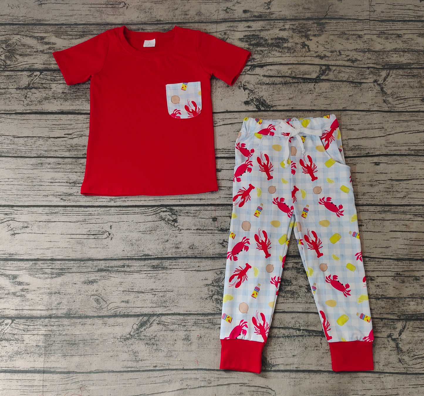 Baby Boys Red Short Sleeve Pocket Top Crawfish Pants Clothing Sets