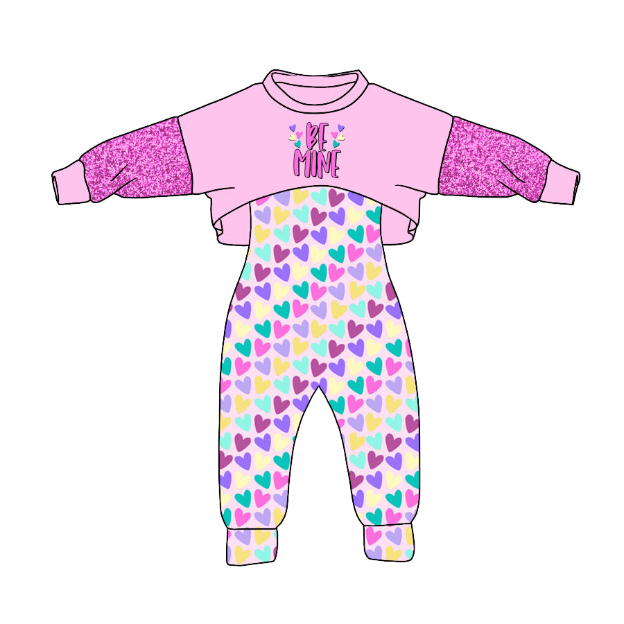 Baby Girls Be Mine Valentines Hearts 2pcs Jumpsuits Clothes Sets Sets preorder(moq 5)