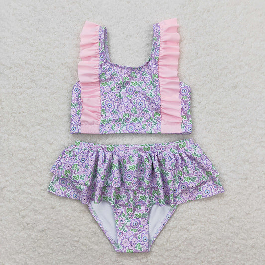 Baby Girls Summer Lavender Flowers Top Ruffle Bummie Swimsuits