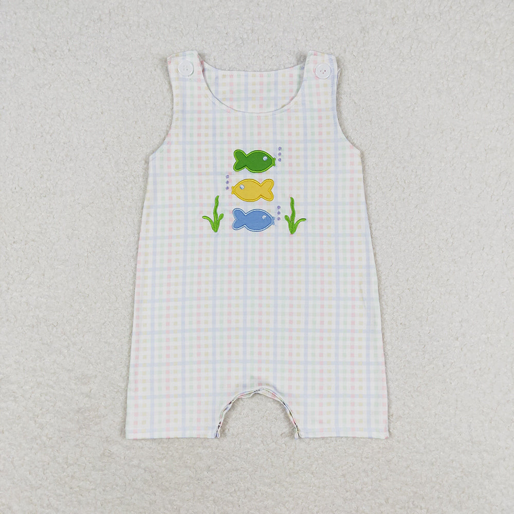 Baby Infant Boys Green Checkered Fishes Rompers