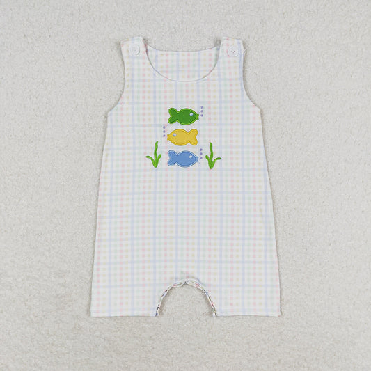Baby Infant Boys Green Checkered Fishes Rompers