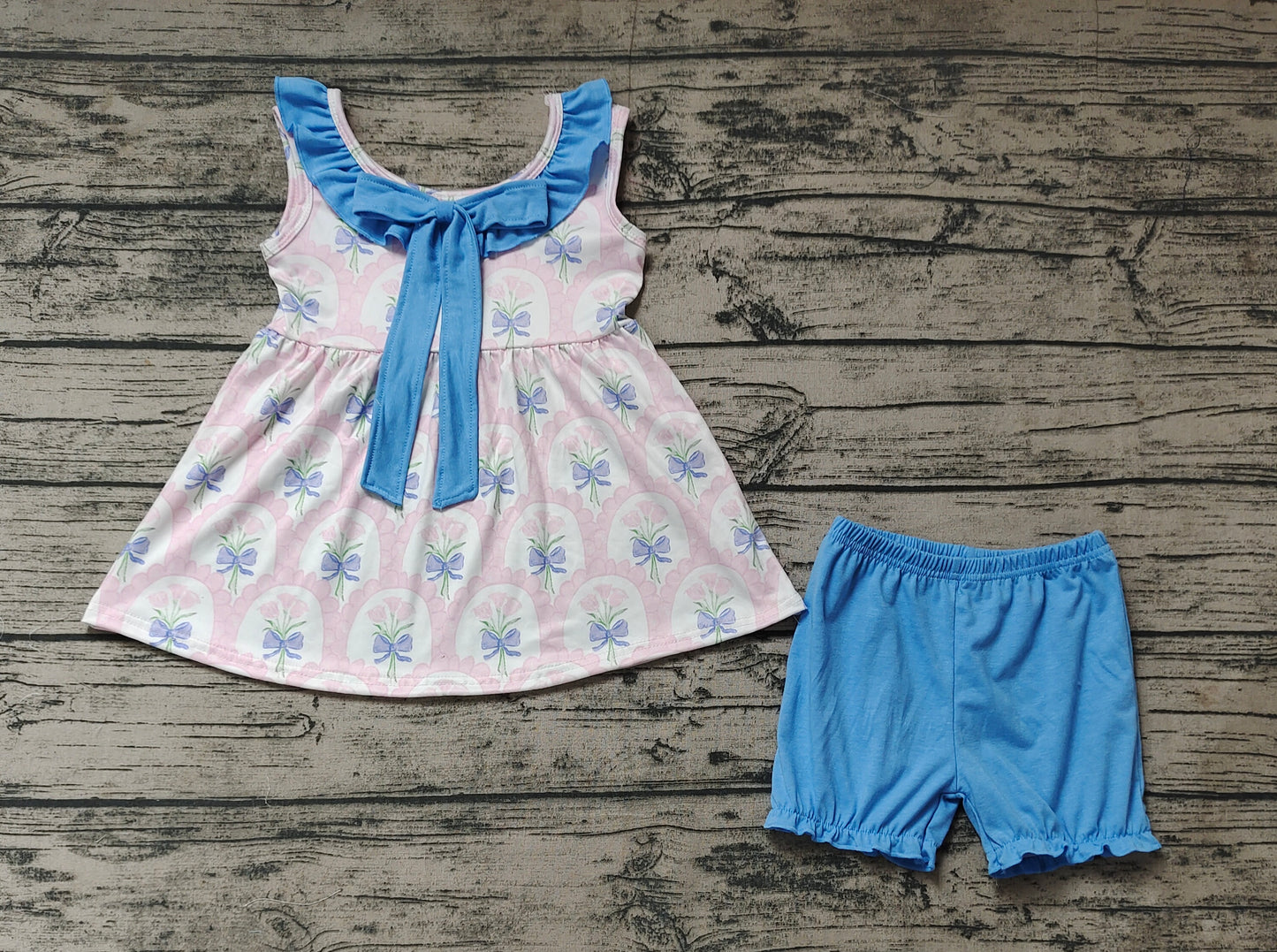 Baby Girls Pink Flowers Bunches Tunic Top Bubble Shorts Clothes Sets