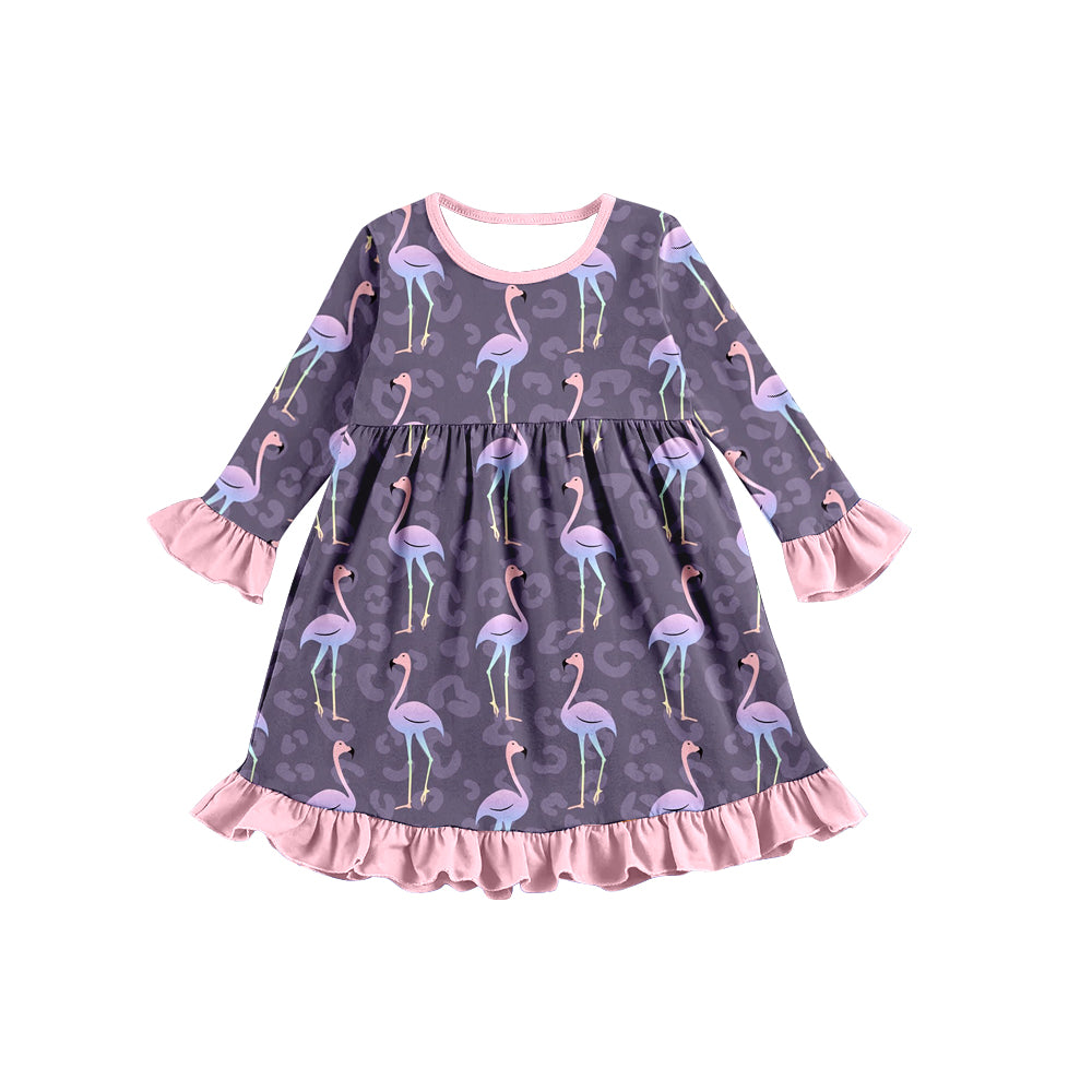 Baby Girls Fall Flamingo Leopard long sleeve Knee Length Dresses preorder(moq 5)