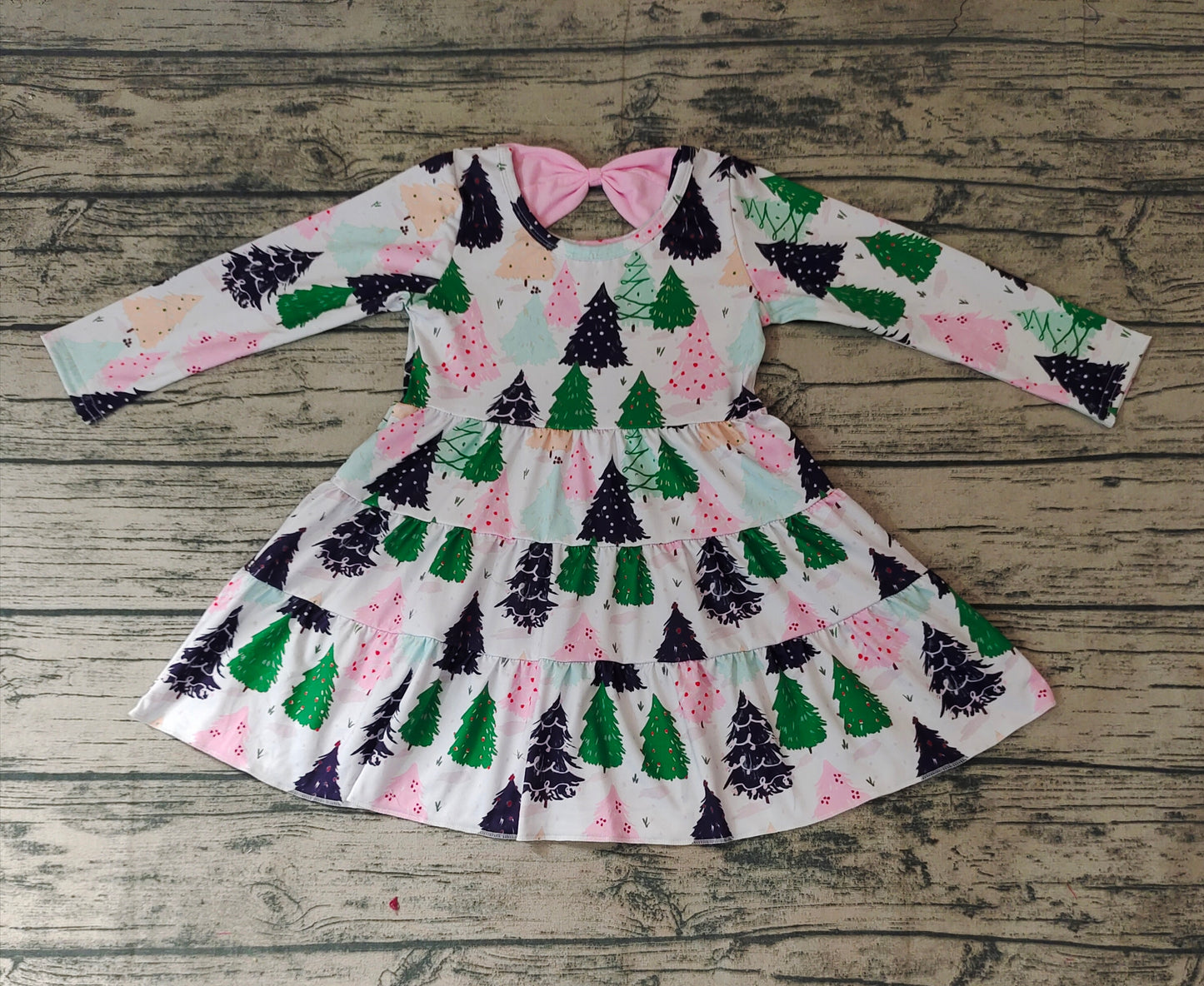 Baby Girls Christmas Tree Long Sleeve Ruffle Knee Length Dresses