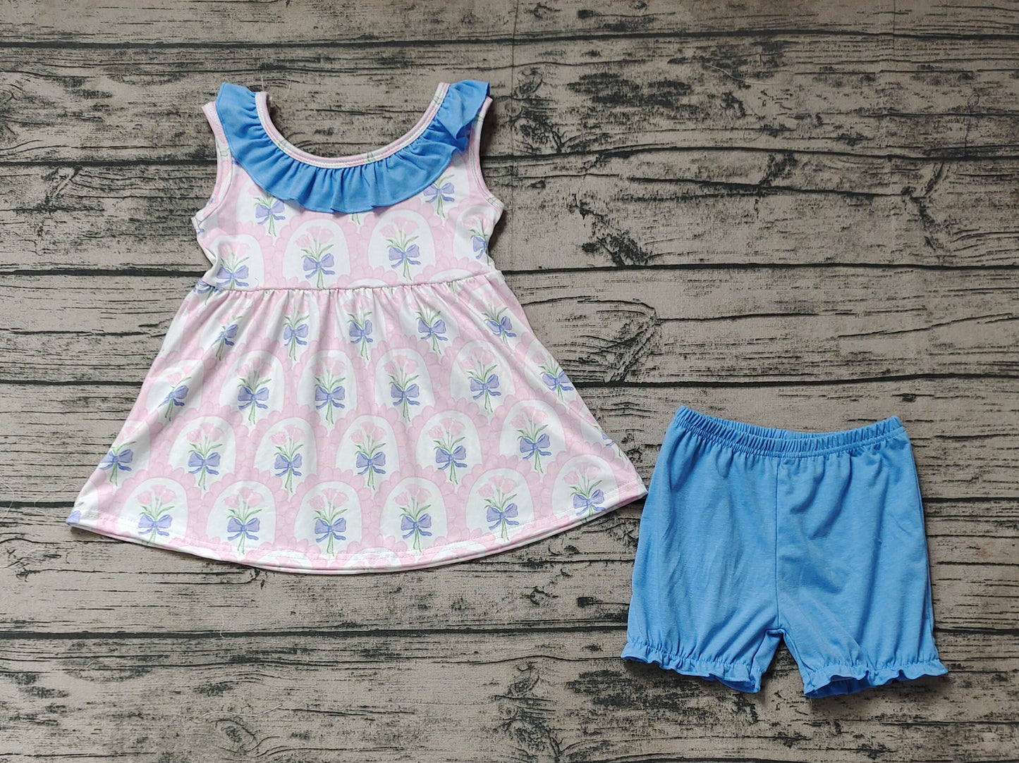Baby Girls Pink Flowers Bunches Tunic Top Bubble Shorts Clothes Sets
