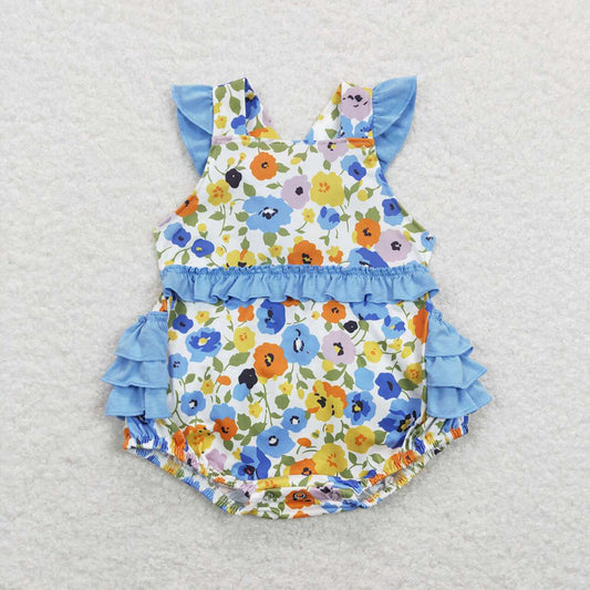 Baby Infant Girls Blue Small Flowers Flutter Sleeve Rompers