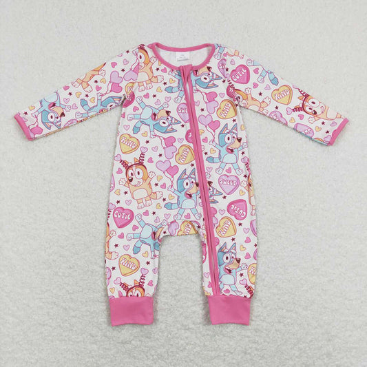 Baby Infant Girls Valentines Dogs Long Sleeve Zip Rompers