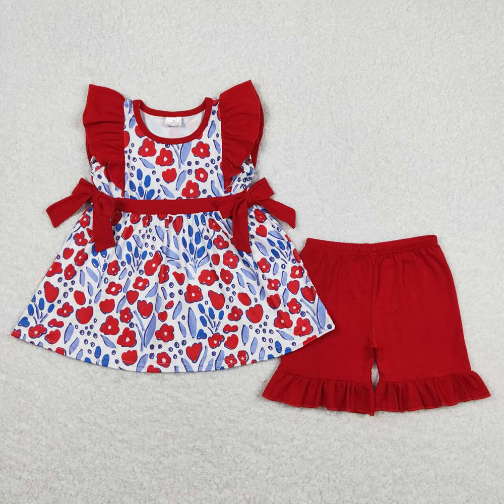 Baby Girls Red Blue Flowers Tunic Top Summer Shorts Clothes Sets