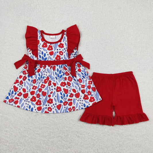 Baby Girls Red Blue Flowers Tunic Top Summer Shorts Clothes Sets