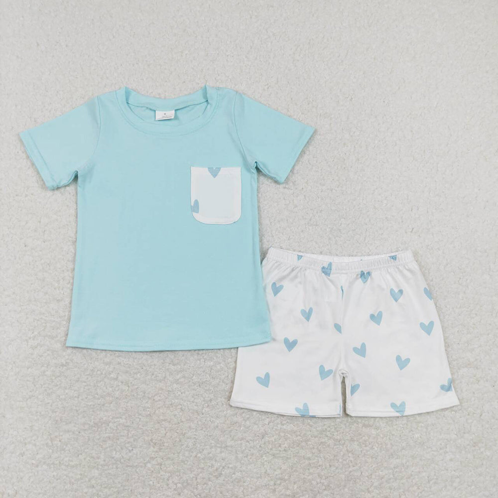 Baby Boys Valentines Blue Hearts Pocket Shirts Shorts Outfits Clothing Sets