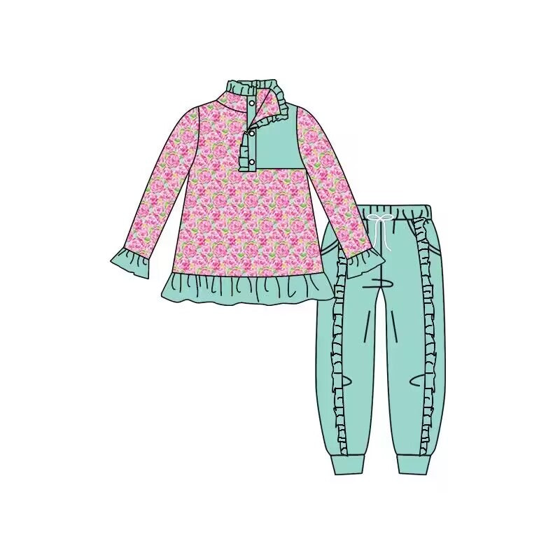 Baby Girls Pink Rose Flowers Tops Ruffle Pants Clothes Sets preorder (Moq 5)