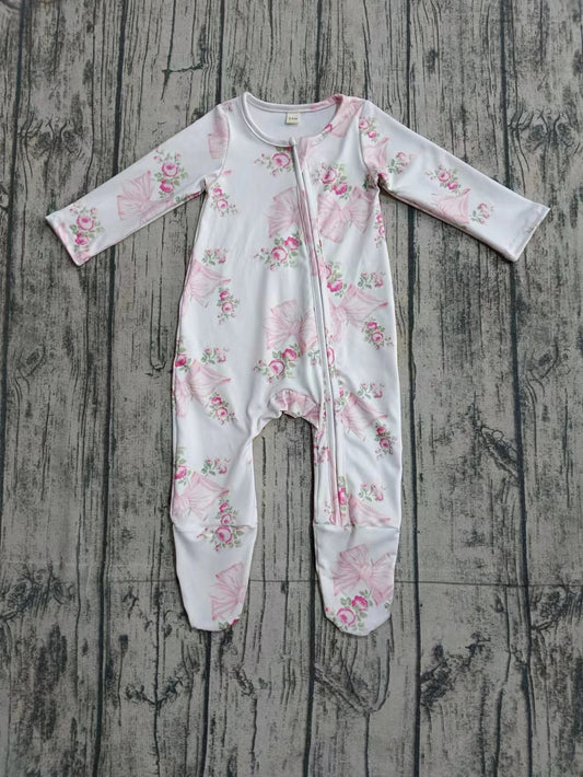 Preorder(moq 5)Baby Infant Girls Flowers Bows White Zip Footie Rompers