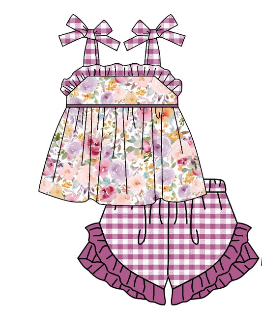 Baby Girls Lavender Flowers Straps Tunic Ruffle Shorts Outfits Sets preorder(moq 5)
