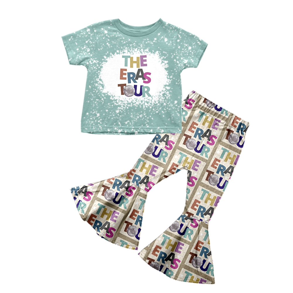 Baby Girls Blue Words Singer Short Sleeve Tee Top Bell Bottom Pants Clothes Sets preorder(moq 5)