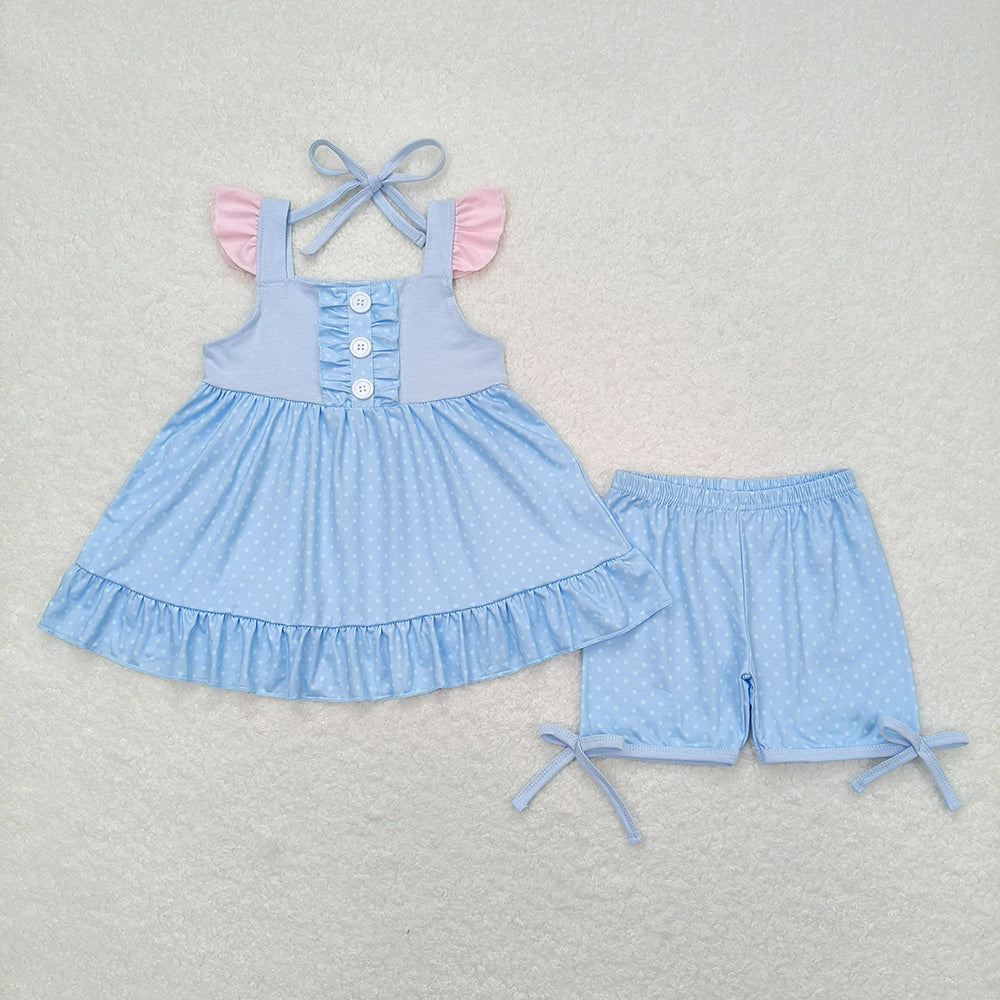 Baby Girls Blue Princess Flutter Sleeve Tunic Top Shorts Clothes Sets