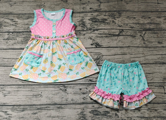 Baby Girls Lemon Sleeveless Tunic Tops Ruffle Shorts Clothes Sets