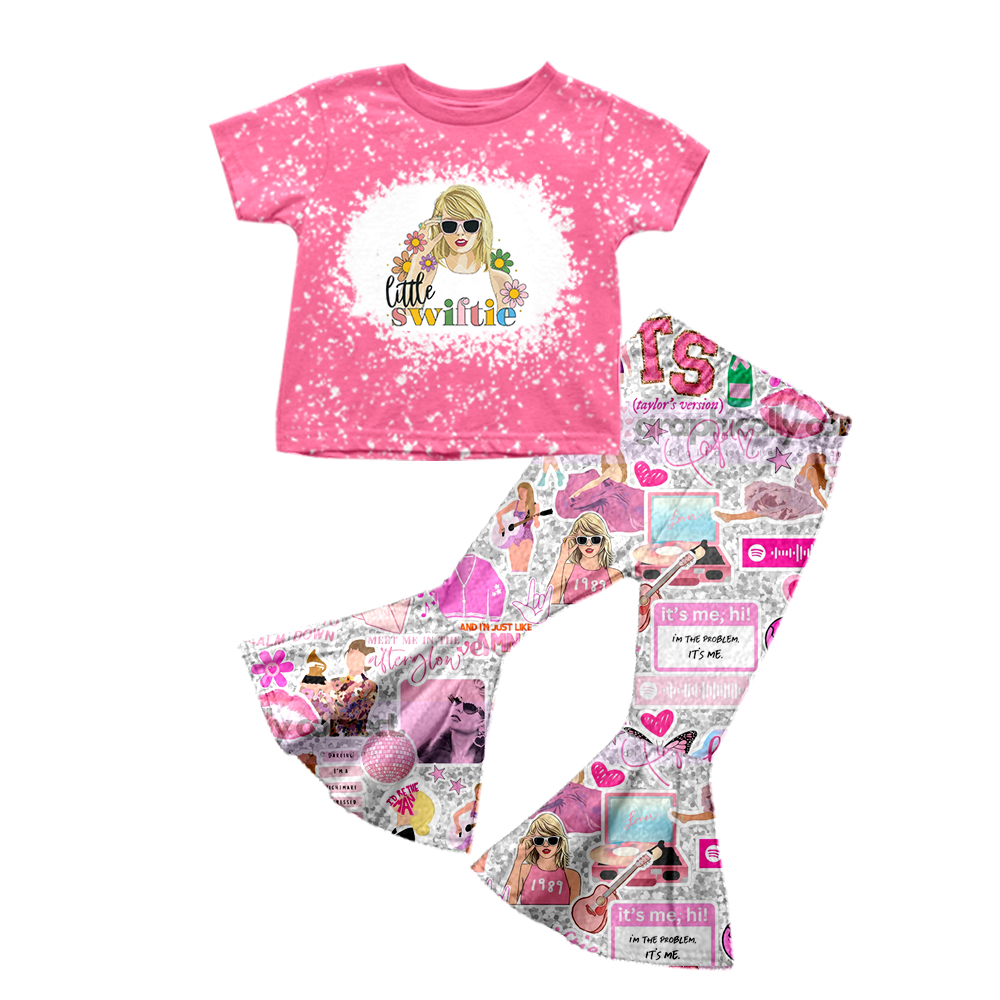 Baby Girls Pink Singer Short Sleeve Tee Top Bell Bottom Pants Clothes Sets preorder(moq 5)