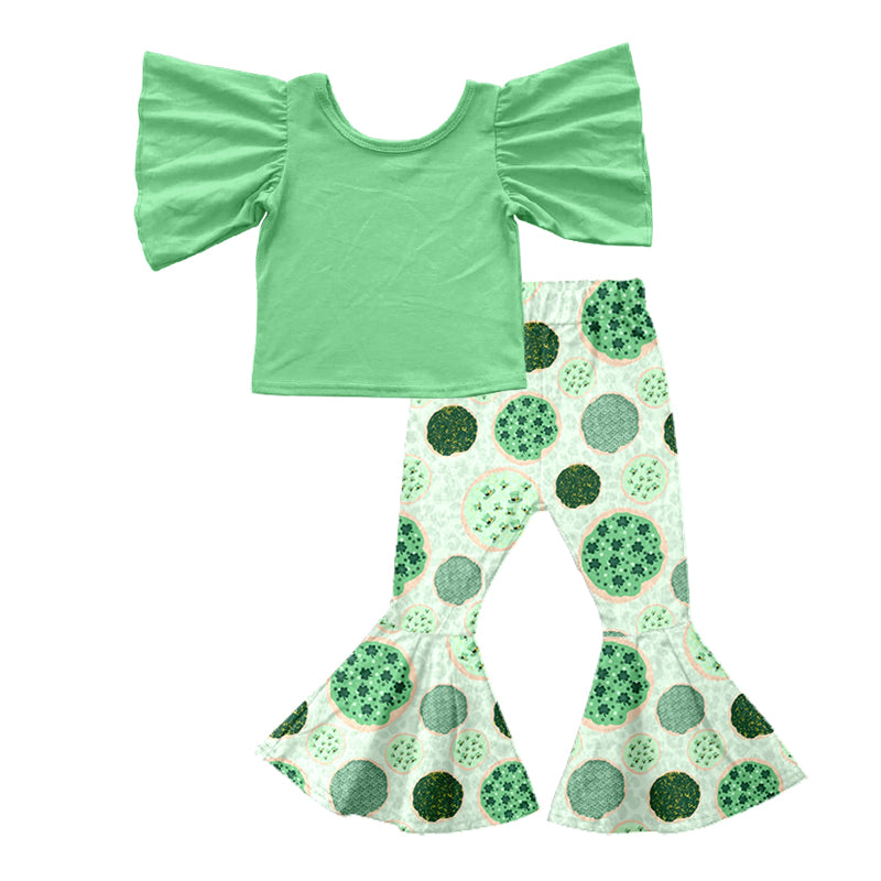 Baby Girls St Patrick Day Flutter Sleeve Tee Quatrefoil Bell Pants Clothing Sets Preorder(moq 5)