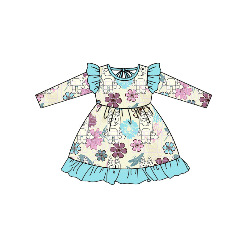 Baby Girls Flowers Dogs Blue Ruffle Dresses preorder(moq 5)