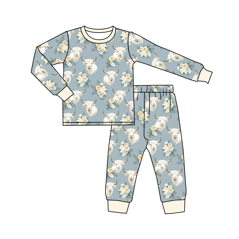 Baby Girls Flowers Highland Cows Long Sleeve Top Pants Pajamas Sets preorder(moq 5)