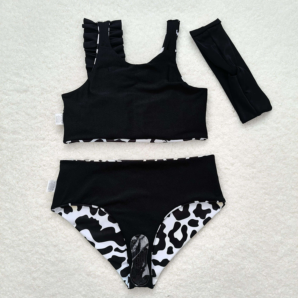 Baby Infant Girls Black Cow Print 3pcs Swimsuits