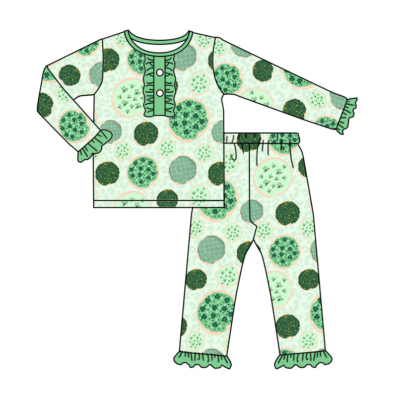 Baby Girls St Patrick Day Quatrefoil Long Sleeve Tee Ruffle Pants Pajamas Clothing Sets Preorder(moq 5)