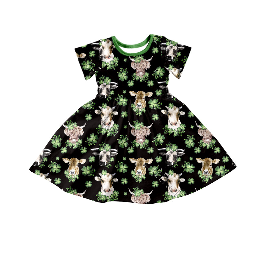 Baby Girls Short Sleeve St Patrick Quatrefoil Highland Cow Knee Length Dresses Preorder(moq 5)