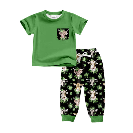Baby Boys St Patrick Day Western Highland Cow Short Sleeve Tee Pants Clothing Sets Preorder(moq 5)