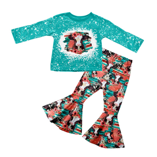 Baby Girls Turquoise Cows Colorful Long Sleeve Top Pants Clothes Sets preorder(moq 5)