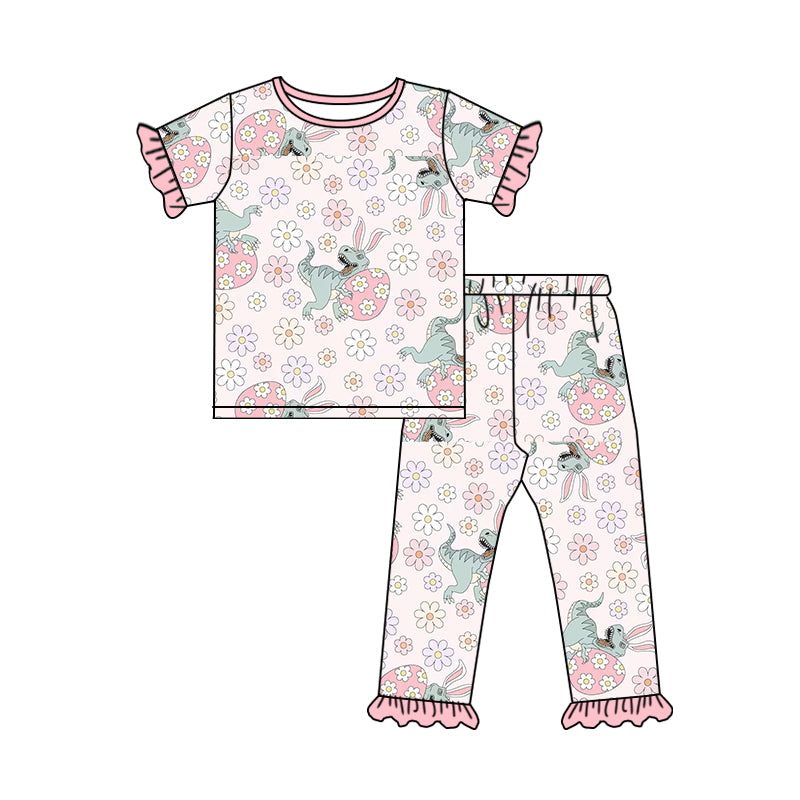 Baby Girls Short Sleeve Rabbit Easter Tee Shirt Pants Pajamas Clothing Sets Preorder(moq 5)