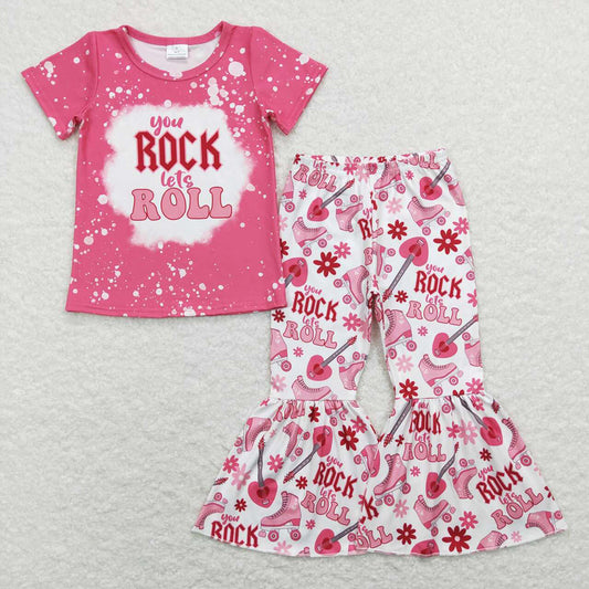 Baby Girls Rock Roll Tee Shirts Bell Bottom Pants Outfits Clothes Sets