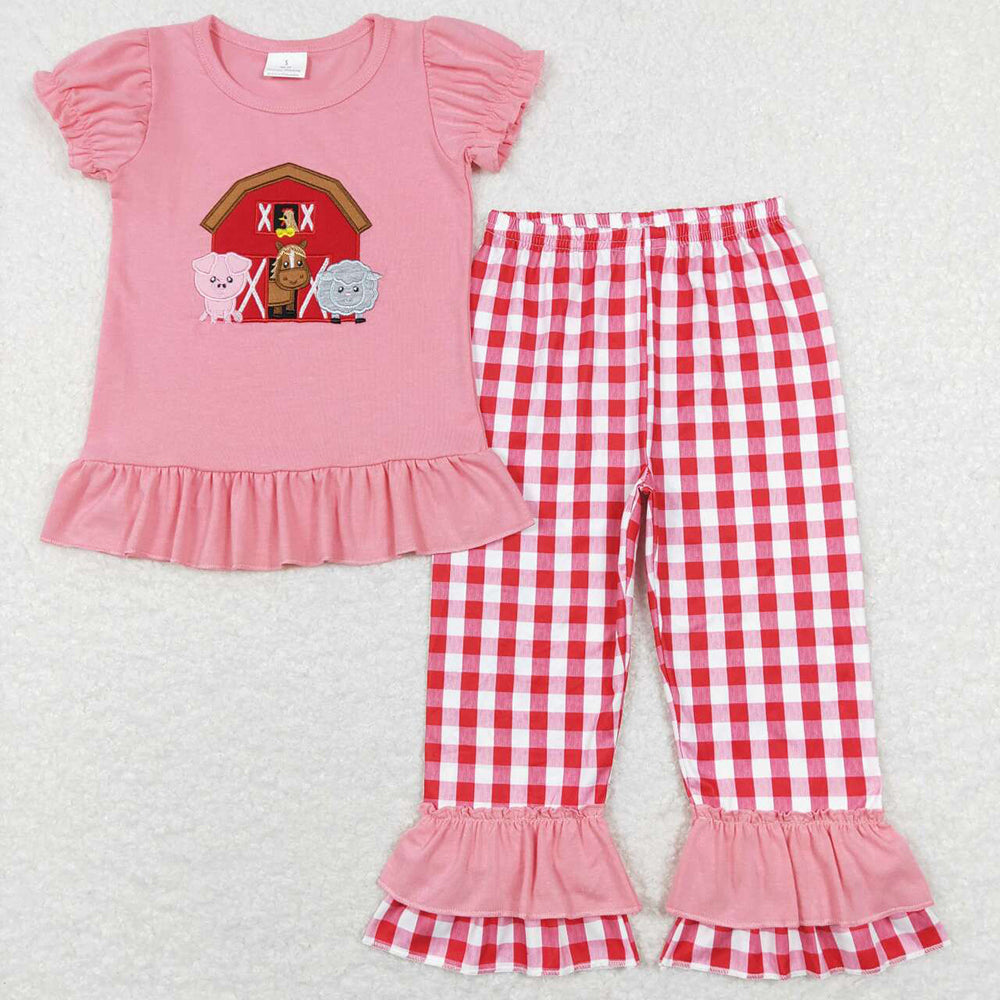 Baby Girls Pink Farm Short Sleeve Tee Shirt Ruffle Pants Clothing Sets