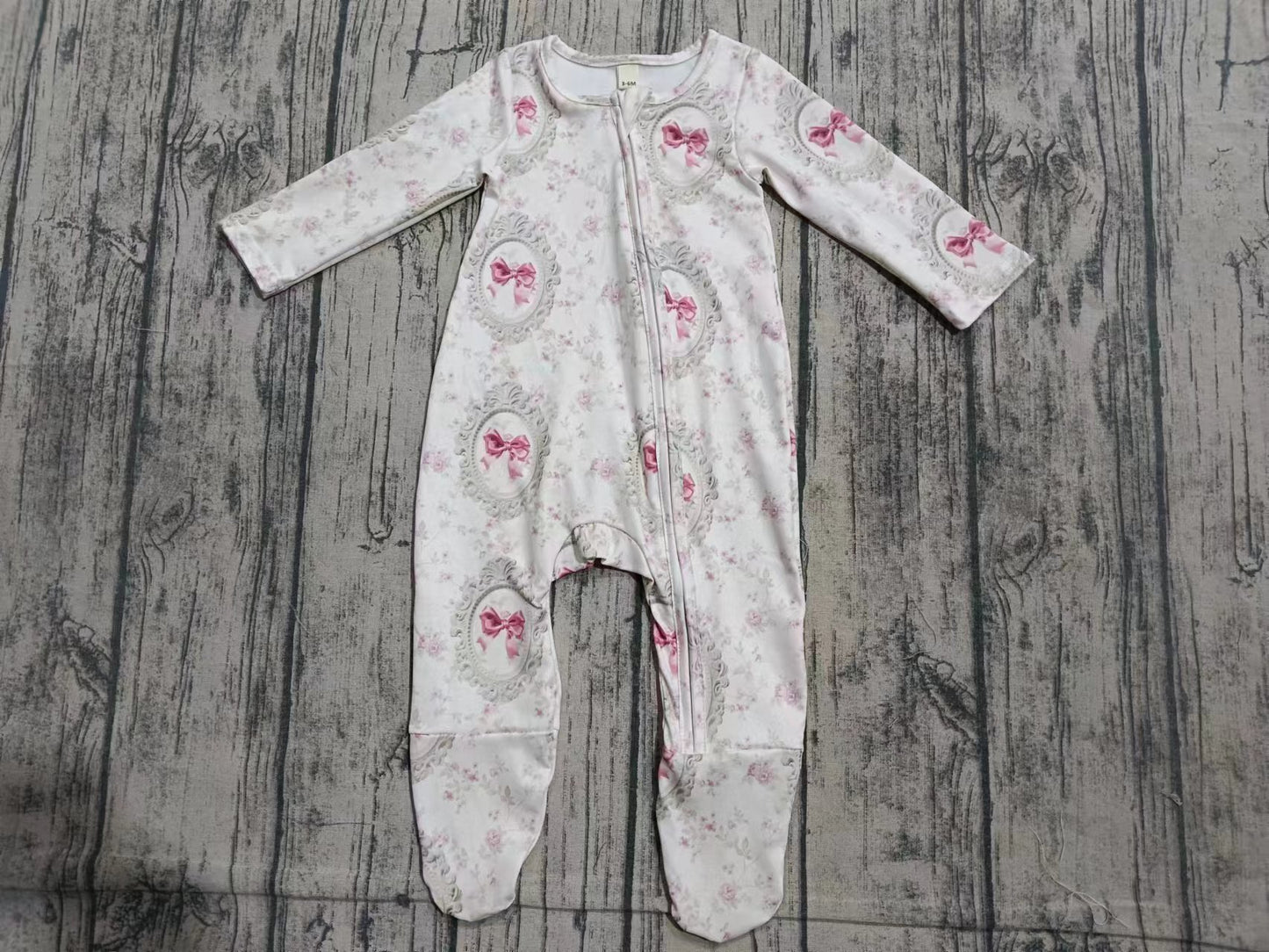 Preorder(moq 5)Baby Infant Girls Bows Mirror White Zip Footie Rompers