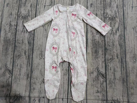 Preorder(moq 5)Baby Infant Girls Bows Mirror White Zip Footie Rompers