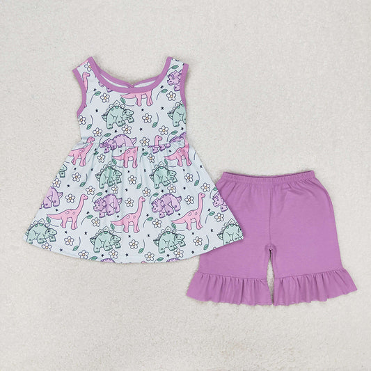 Baby Girls Purple Dinosaur Bow Tunic Ruffle Shorts Clothes Sets