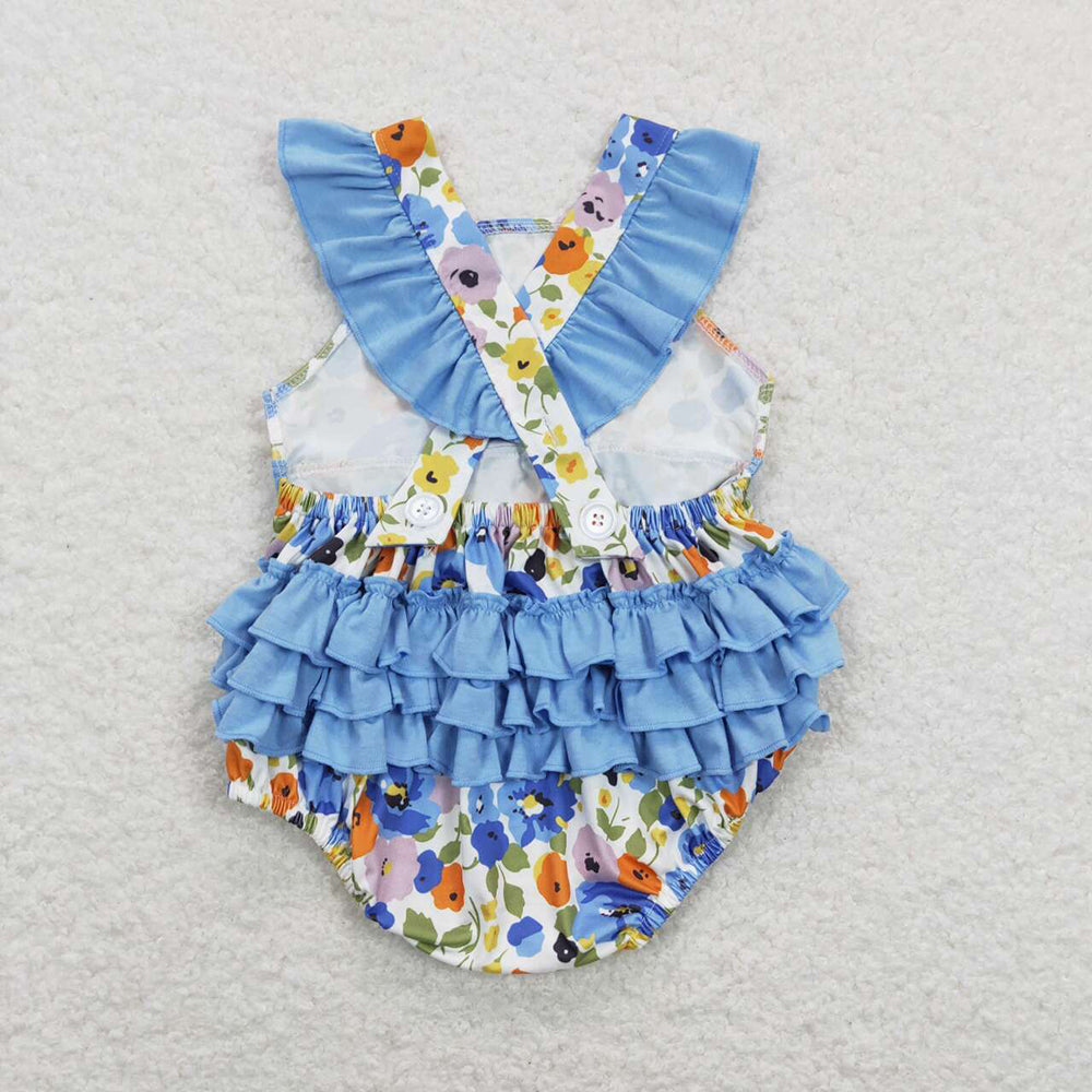 Baby Infant Girls Blue Small Flowers Flutter Sleeve Rompers