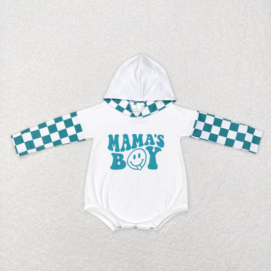 Mama's Boy Baby Kids Green Checkered Hooded Long Sleeve Rompers