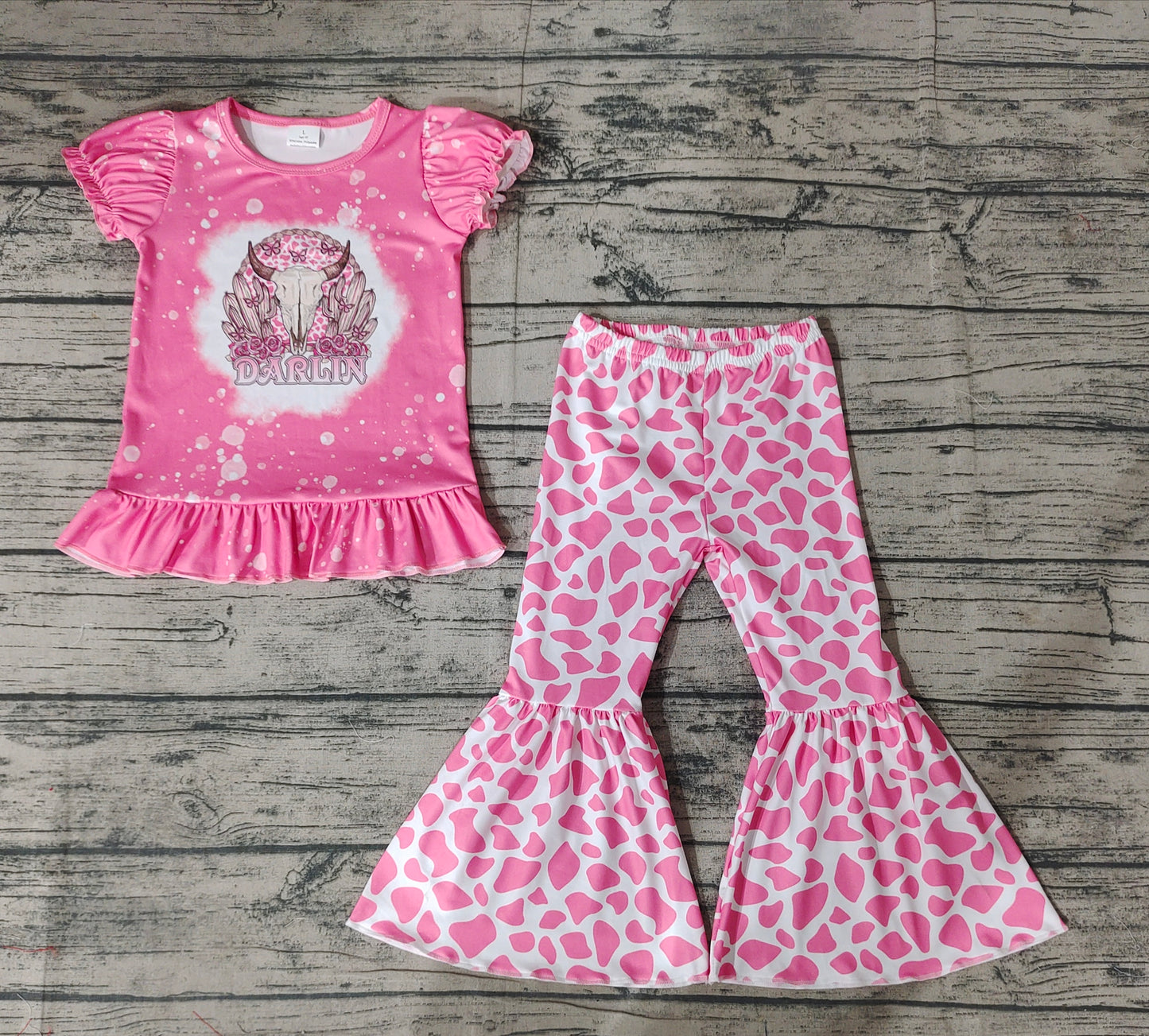 Baby Girls Pink Cow Cactus Top Bell Pants Clothing Sets