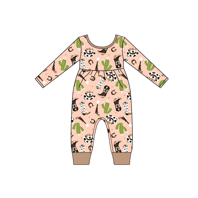 Baby Girls Pink Boots Cactus Western Long Sleeve Zip Rompers preorder(moq 5)