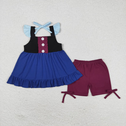 Baby Girls Black Blue Princess Flutter Sleeve Tunic Top Shorts Clothes Sets