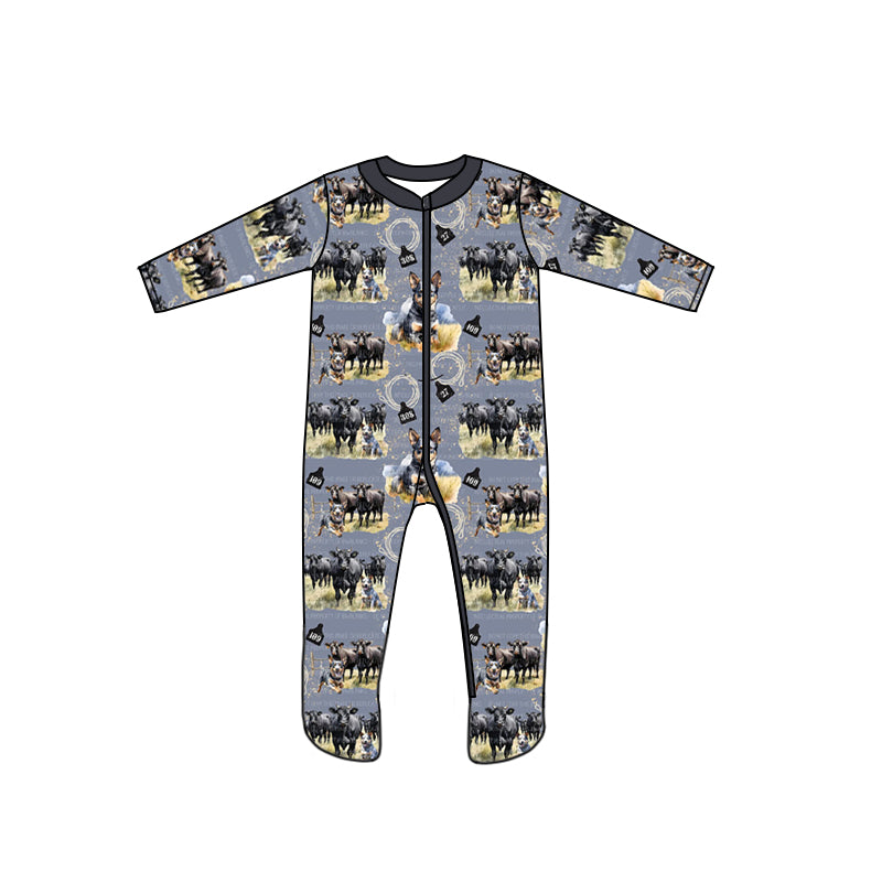 Baby Infant Kids Western Grey Cows Long Sleeve Zip Rompers preorder(moq 5)