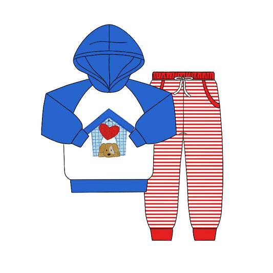 Baby Boys Long Sleeve Hooded Dog Valentines Hearts Shirt Pants Clothing Sets Preorder(moq 5)